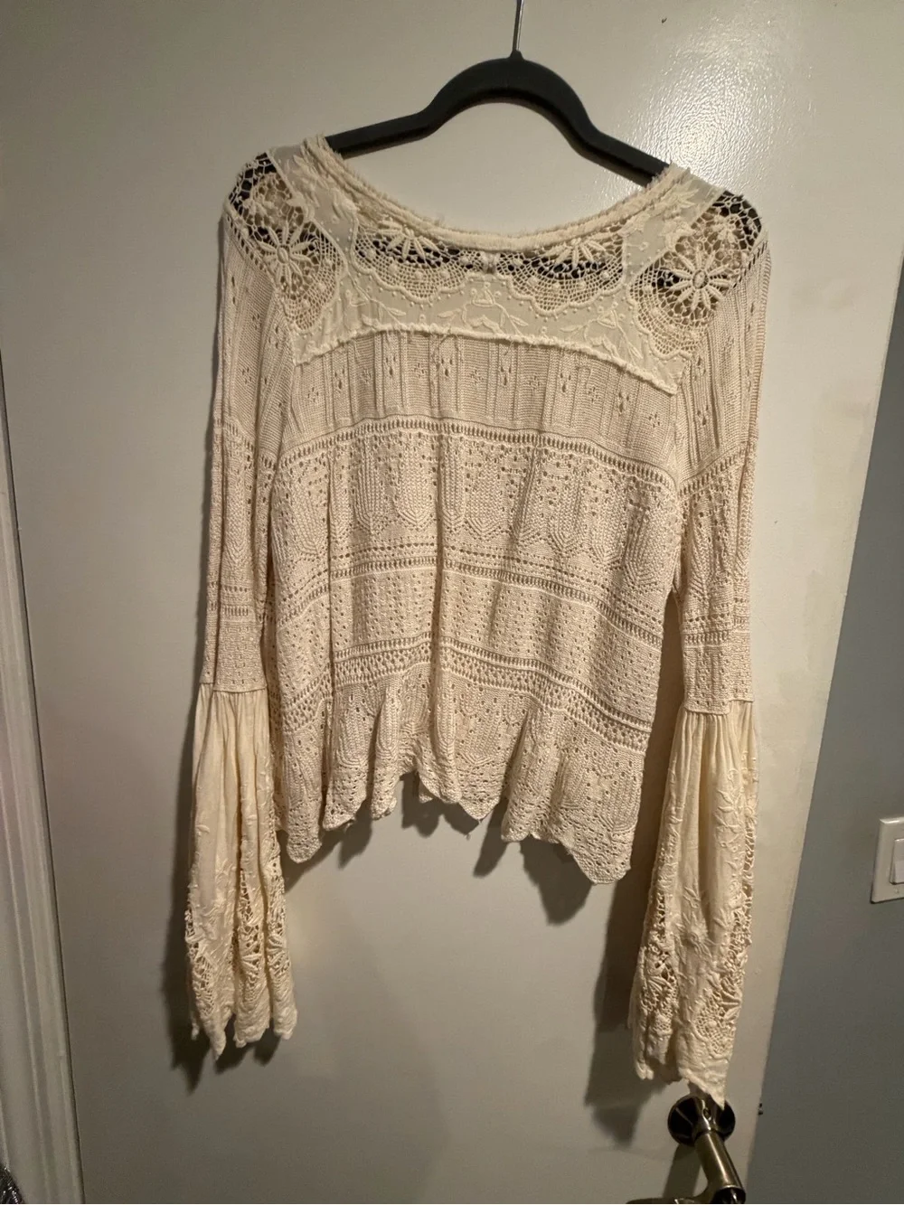 Free People “Once Upon a Time” crochet bell sleeve top